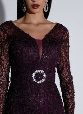 Lace Embellished Belted Maxi Dress Purple