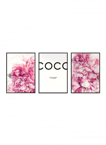 3-Piece Flower Themed Poster With Frame White/Black/Pink 50x40centimeter