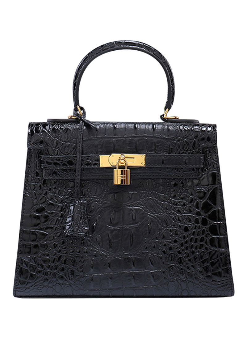 Crocordile Pattern Leather Satchel Bag Black