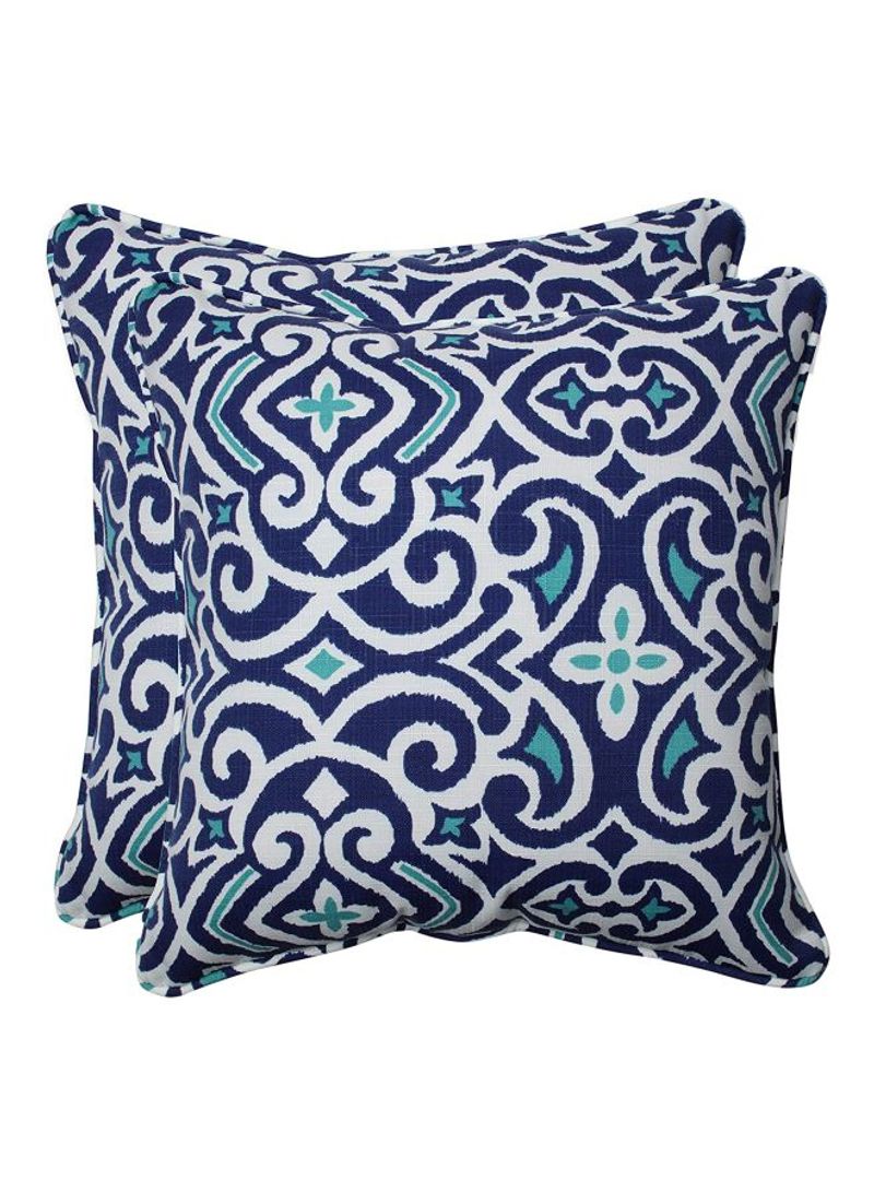 2-Piece Damask Printed Decorative Pillow Blue/White 18.5x18.5x5inch
