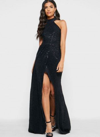 Embroidered Detail Front Slit Dress Black