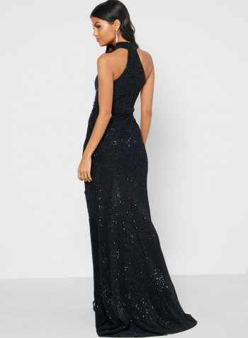 Embroidered Detail Front Slit Dress Black