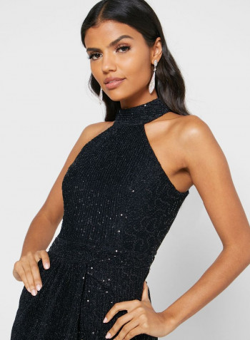 Embroidered Detail Front Slit Dress Black