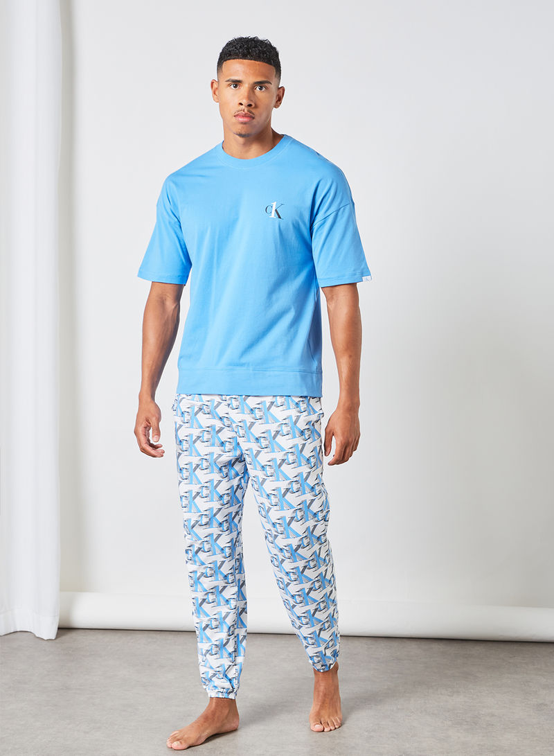 Logo Print Pyjama Set Blue/White