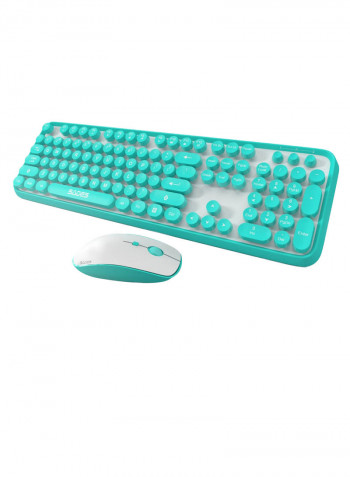 Wireless Round Keycaps Retro Style Keyboard With Mouse And USB Receiver Turquoise/White