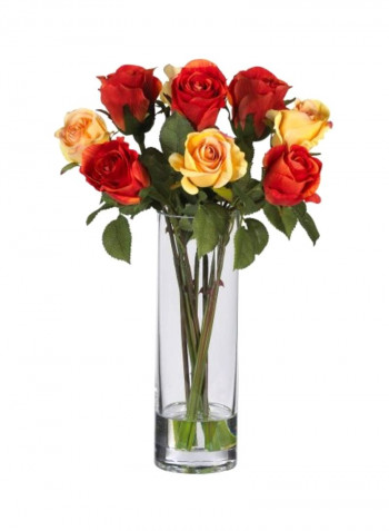 Artificial Silk Roses With Glass Vase Yellow/Green/Red