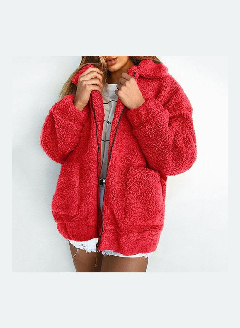 Fluffy Pattern Fleece Zipper Jacket Red