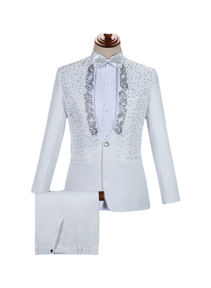 2-Piece Embroidered Blazer Pant Set White