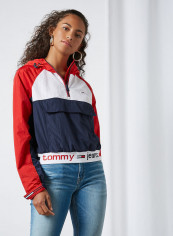Branded Hem Hooded Popover Windbreaker Deep Crimson / Multi