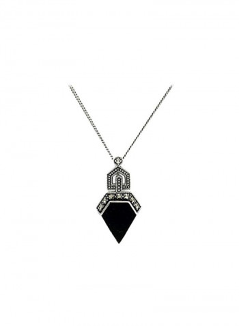925 Sterling Silver Marcasite And Onyx Studded Pendant Necklace