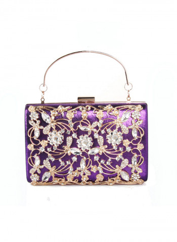 Stylish Hollow Out Rhinestone Metallic Evening Party Bag Purple