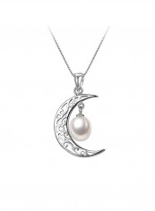 925 Sterling Silver Pearl Crescent Moon Shaped Charm Necklace
