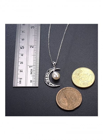 925 Sterling Silver Pearl Crescent Moon Shaped Charm Necklace