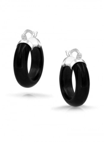 925 Sterling Silver Round Onyx Hoop Earrings