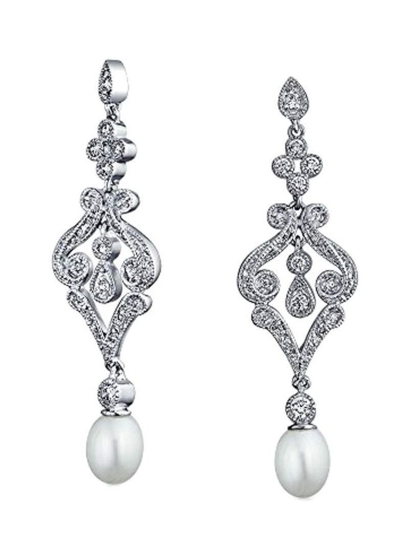 Silver Plated Brass Pearl Chandelier Dangle Earrings