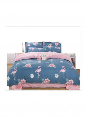4-Piece Flamingo Patterned Quilt Set Cotton Blue/Pink King