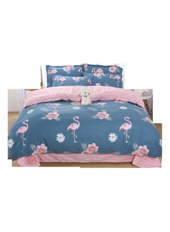 4-Piece Flamingo Patterned Quilt Set Cotton Blue/Pink King