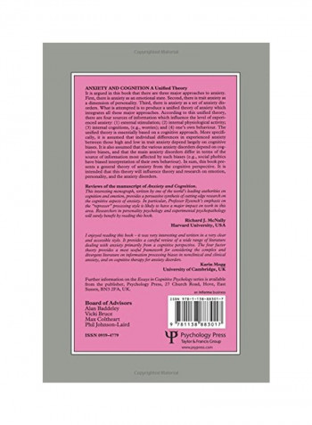 Anxiety And Cognition: A Unified Theory - Essays In Cognitive Psychology Paperback