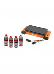 Double Gas Stove With Grill BBQ Plate And 4 Butane Gas Cartridge 70 x 25 x 8سم