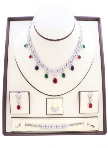 5-Piece Rhodium Dual Leaf Designs Embedded Zircon Studded Jewelry Set
