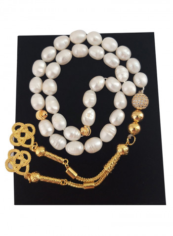 Natural Pearl And Zircon Prayer Beads أبيض/ذهبي