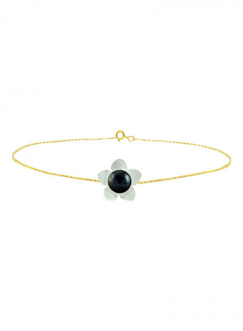 18 Karat Gold Mother Of Pearl Flower Shape With White Pearl Chain Bracelet