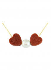 18 Karat Gold Heart Shaped Sunstones And Pearl Chain Necklace