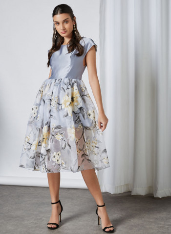 Floral Printed Midi Dress Grey/White
