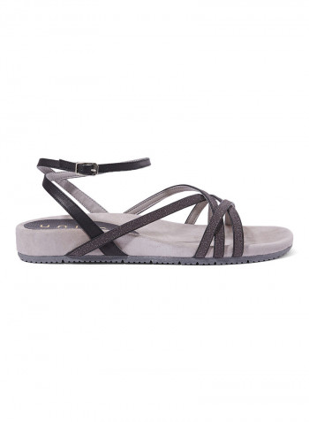 Suede Leather Ankle Strap Sandals Black/Beige