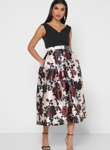 Floral Printed Prom Dress Black/Pink/Beige