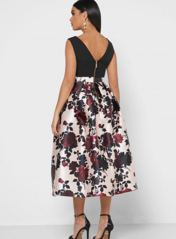 Floral Printed Prom Dress Black/Pink/Beige