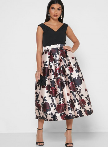 Floral Printed Prom Dress Black/Pink/Beige