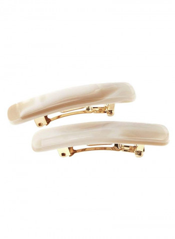 2-Piece Mini Rectangle Barrette Hair Clip Set Beige/Gold 0.37 x 1.8inch