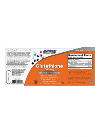 Now Foods Glutathione Dietary Supplement 60 Veg Capsules