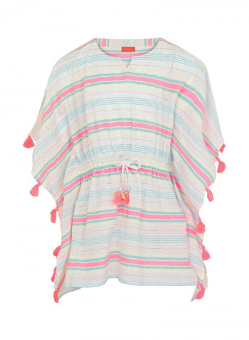 Girls Striped Tassels Kaftan White