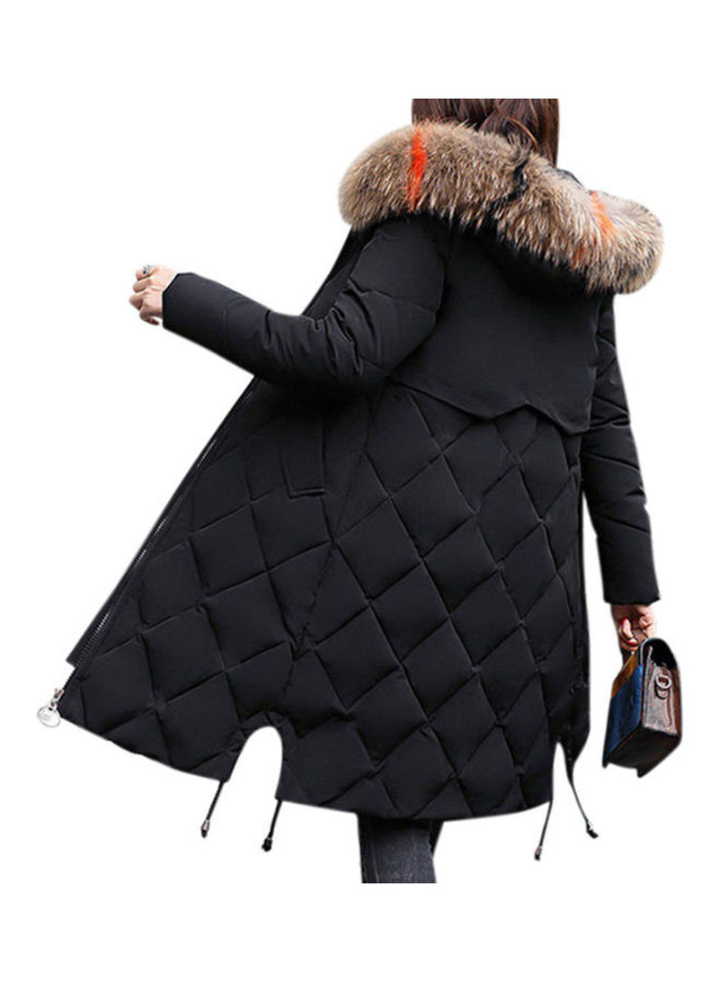 Cotton Long Furry Collar Overcoat black