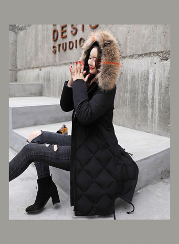Cotton Long Furry Collar Overcoat black