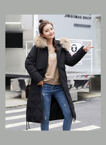 Cotton Long Furry Collar Overcoat black