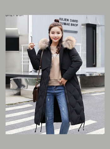 Cotton Long Furry Collar Overcoat black