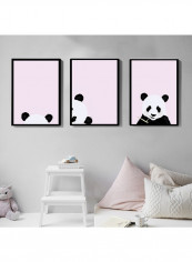3-Piece Panda Themed Poster With Frame Pink/Black/White 50 x 40cm
