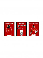 3-Piece Lingard, Pogba, Rashford Art Poster With Frame Red 40x50centimeter