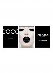 Set Of 3 Coco Chanel PRADA Girl Lips Framed Fashion Posters Black/White 50x40centimeter