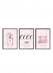 3-Piece Coco Chanel Fashion Poster With Frame Set Pink/Black 50 x 40centimeter