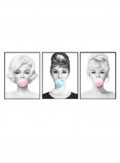3-Piece Marilyn Monro, Audrey Hepburn,  Brigitte Bardot Bubble Gum Collection Poster with Frame Multicolor 50 x 40centimeter