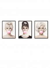 3-Piece Marilyn Monroe, Audrey Hepburn, Brigitte Bardot Bubble Gum Collection Poster With Frame Multicolour 50 x 40centimeter