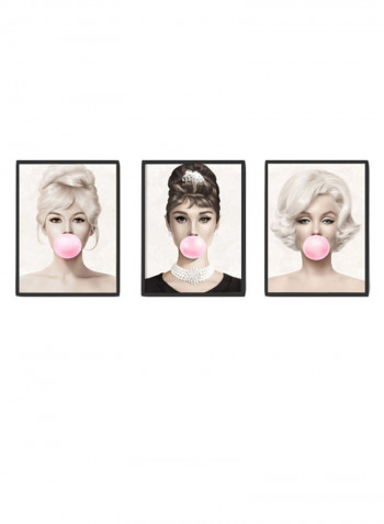3-Piece Marilyn Monroe, Audrey Hepburn, Brigitte Bardot Bubble Gum Collection Poster With Frame Multicolour 50 x 40centimeter
