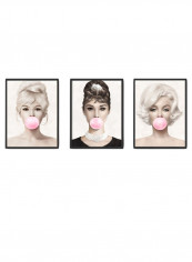 3-Piece Marilyn Monroe, Audrey Hepburn, Brigitte Bardot Bubble Gum Collection Poster With Frame Multicolour 50 x 40centimeter