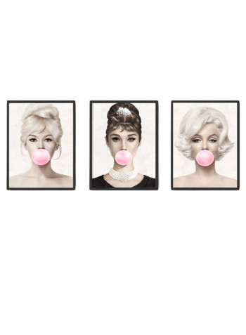 3-Piece Marilyn Monroe, Audrey Hepburn, Brigitte Bardot Bubble Gum Collection Poster With Frame Multicolour 50 x 40centimeter