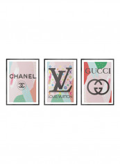Set Of 3 Fashion Brand Wall Art, Chanel, Louis Vuitton, Gucci Posters With Frame Multicolour 50x40cm