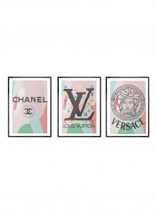 Set Of 3 Fashion Brand Wall Art, Chanel, Louis Vuitton, Versace Posters With Frame Multicolour 50x40cm